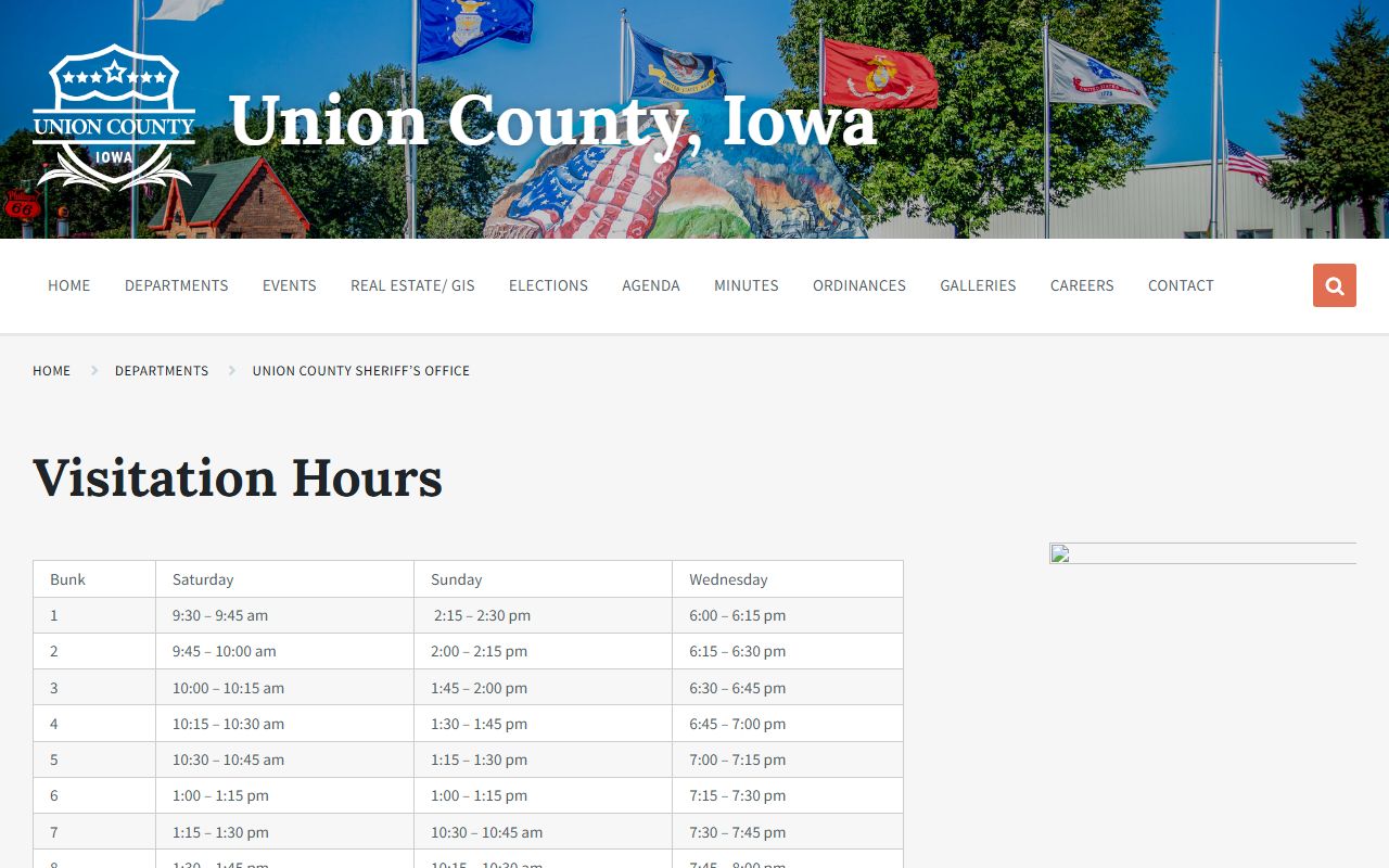 Union County Jail visitation schedule by bunk for inmate visits